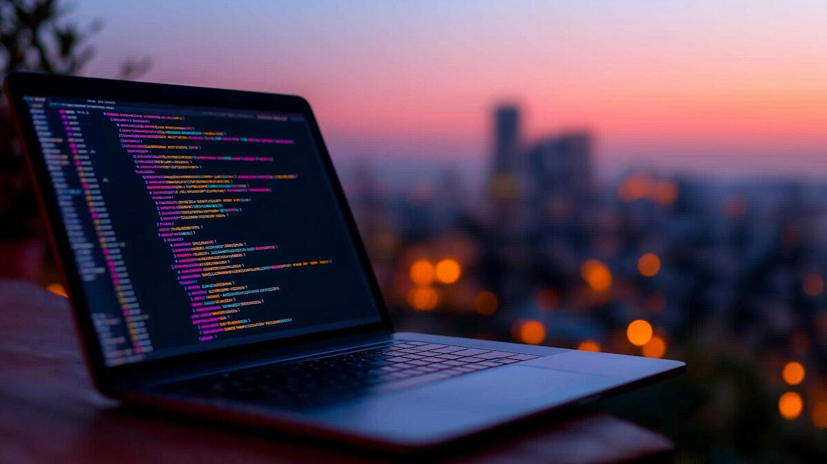 Code audit on laptop screen with startup skyline in background