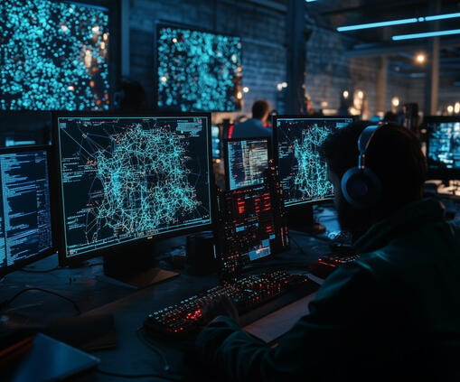 Engineer working at a multi-screen setup displaying infrastructure and security monitoring dashboards